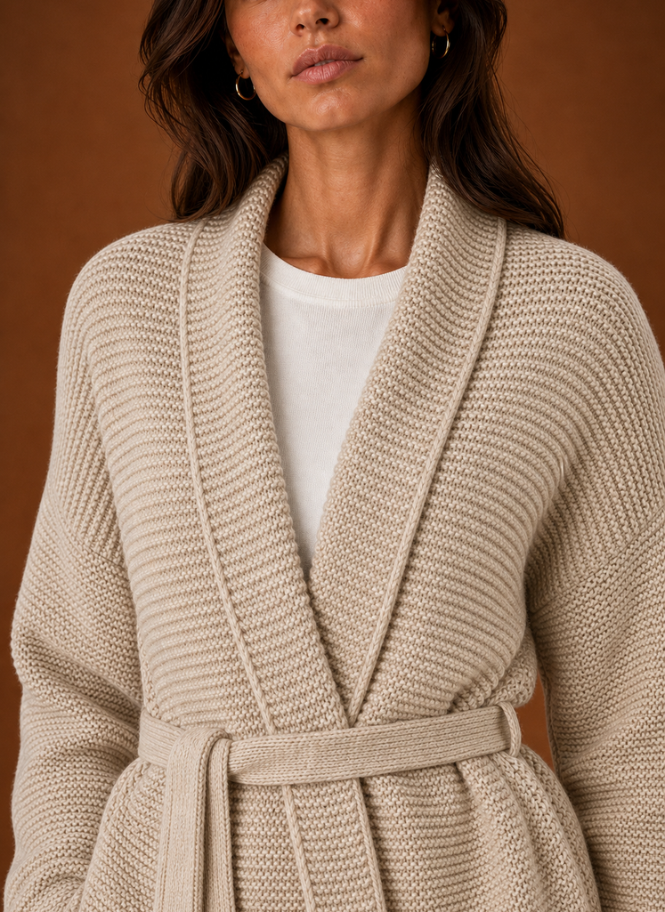 Close-up of chunky knit stitch and tied belt detail on wrap sweater