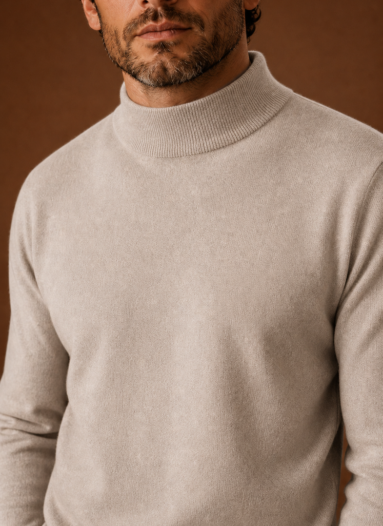 Close-up of the mock neckline and knit detail on the Areleon sweater