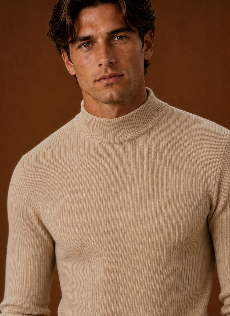Men's Turtleneck Sweater - Ribbed Roll Neck Knit Pullover closeup view