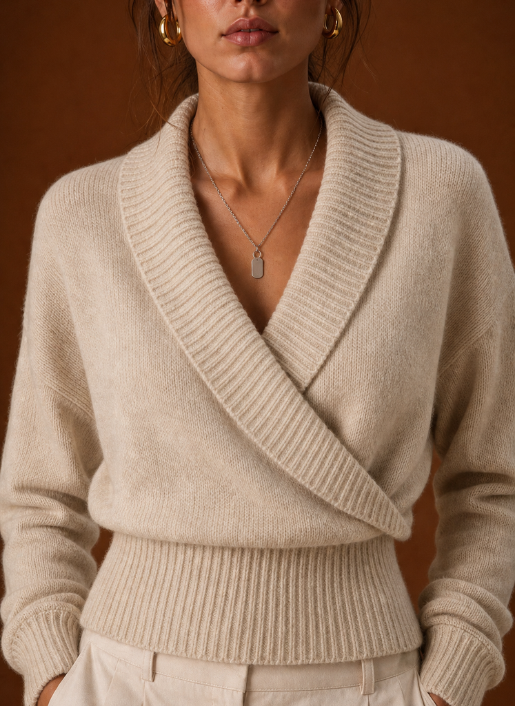 Close-up of ribbed knit texture and shawl collar V-neck detailing on the wrap sweater