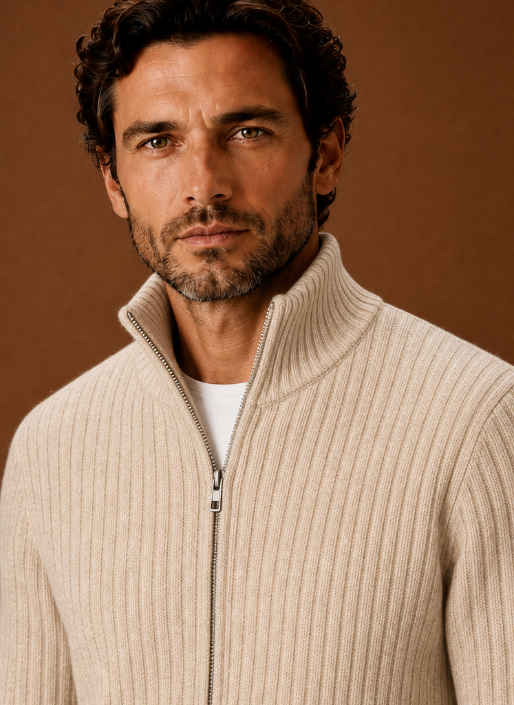 Close-up of ribbed knit texture and full-zip hardware on Areleon men's sweater
