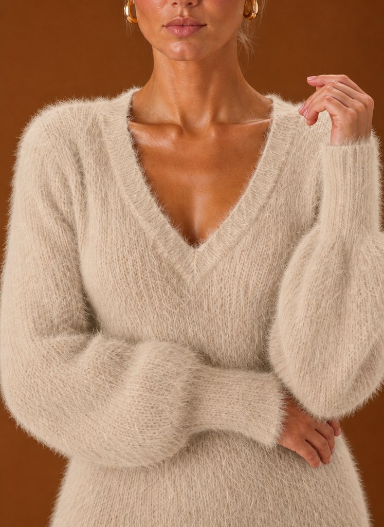 Close-up of Areleon sweater dress showing ribbed cuff and hem detail