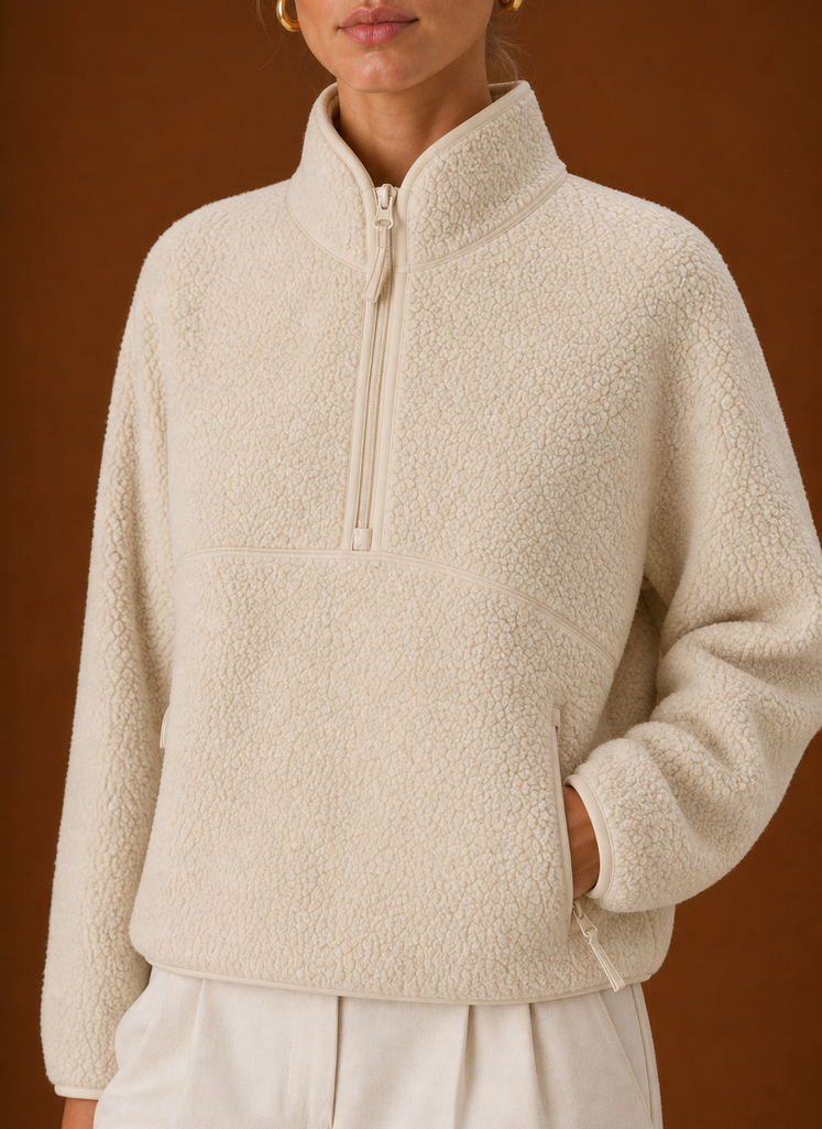 Close-up of the teddy texture and zipper pull on the quarter-zip neckline