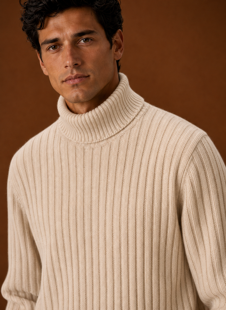 Men's Turtleneck Sweater - Ribbed Roll Neck Knit Pullover closeup view