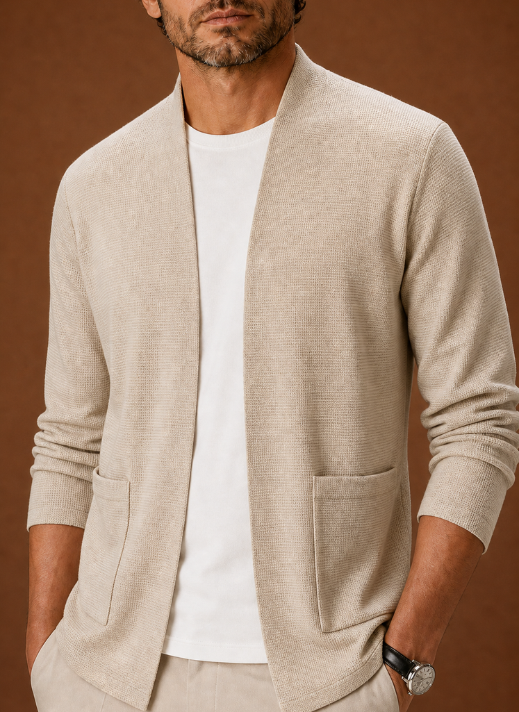 Close-up of the open-front cardigan's stitch detail and neckline