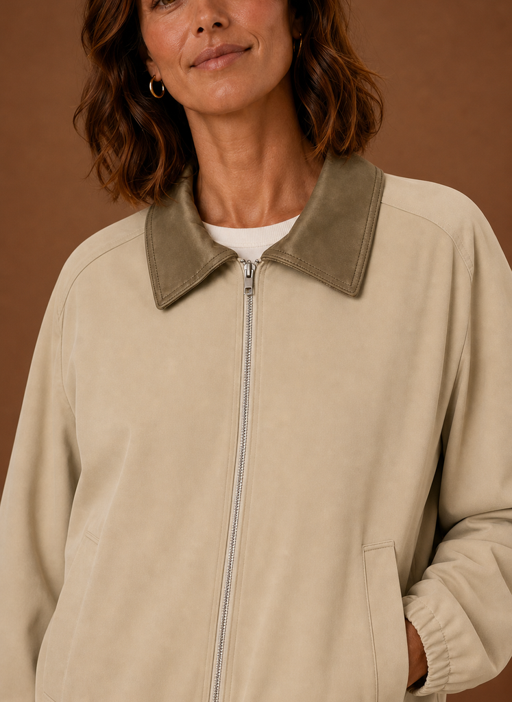 Close-up of Areleon Women's Barn Jacket zip-front and chest pocket detailing