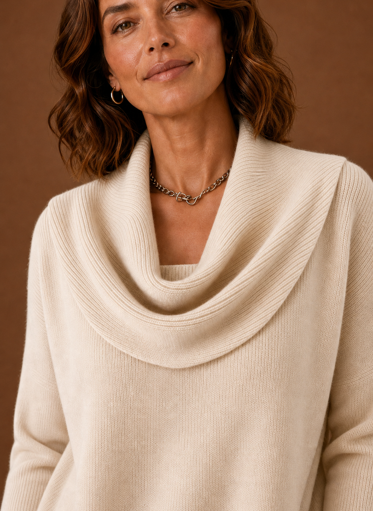 Close-up of the cowl neckline and knit texture of the Areleon women's sweater