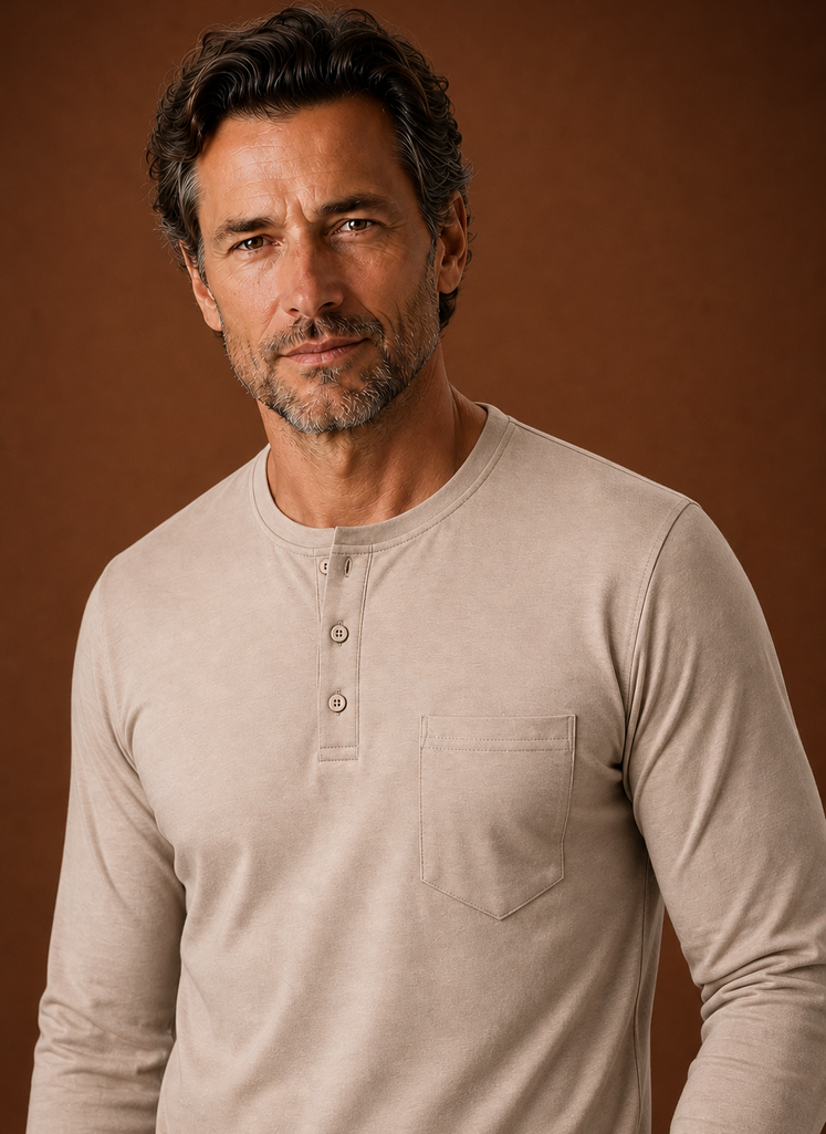 Close-up of Henley neckline and chest pocket detailing