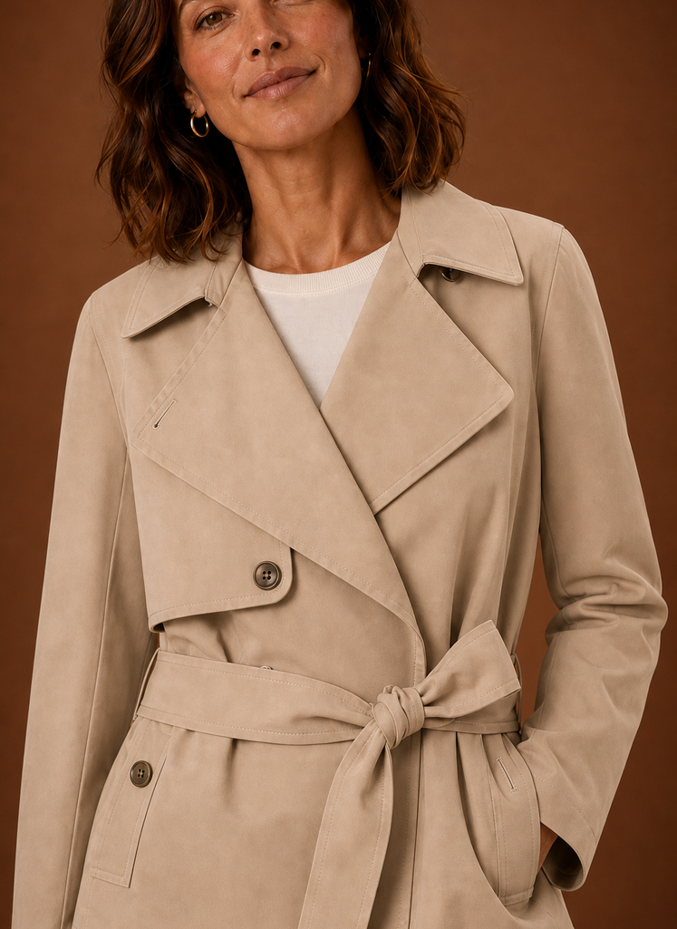 Close-up of the belt and waist area on women's belted trench jacket
