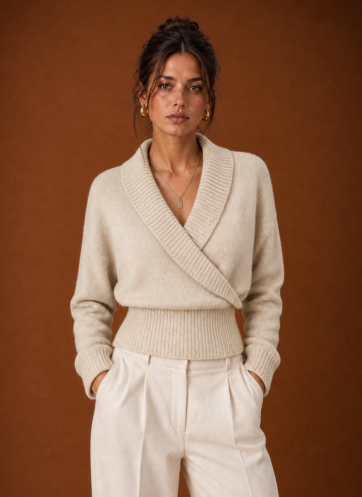 Front view of women's wrap sweater showing shawl collar, V-neck and ribbed knit drape