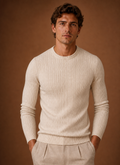 Front view of Areleon men's cable knit crew neck sweater on neutral background