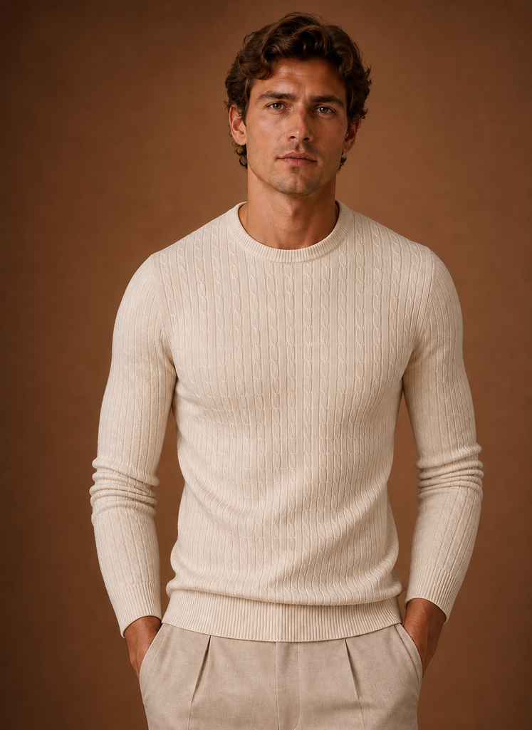 Front view of Areleon men's cable knit crew neck sweater on neutral background