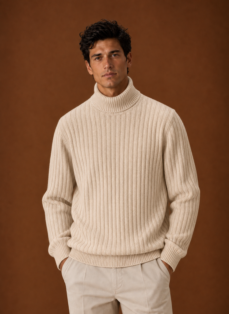 Men's Turtleneck Sweater - Ribbed Roll Neck Knit Pullover front view