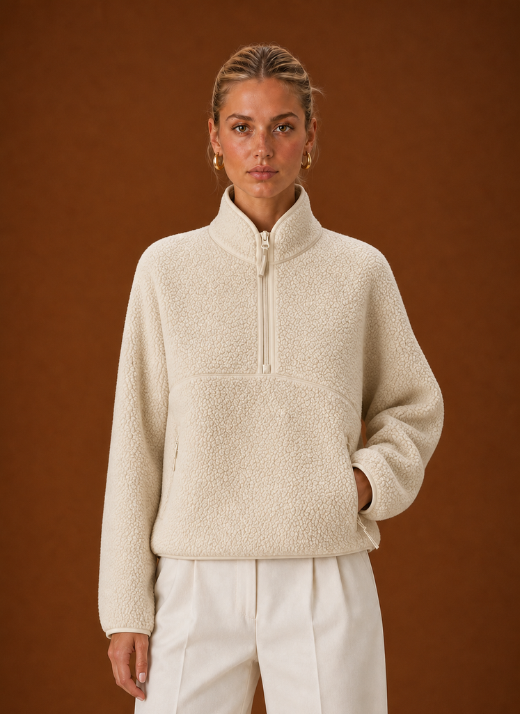 Front view of the women's quarter-zip teddy pullover on a mannequin showing the neckline and relaxed fit