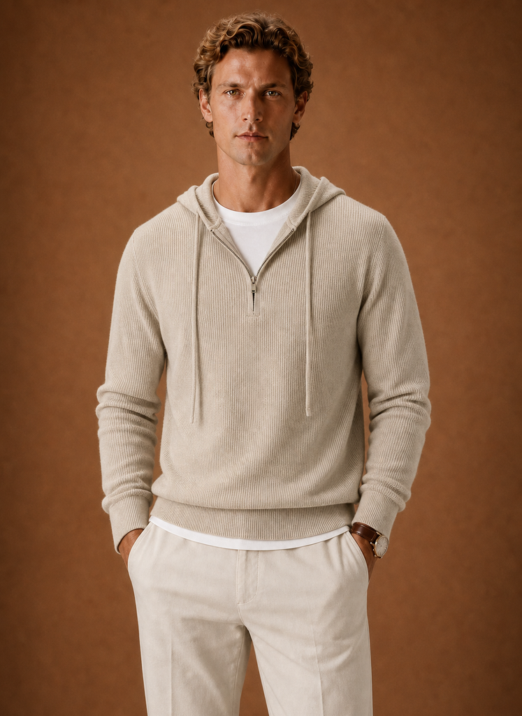 Front view of men's hooded half-zip knit sweater on a mannequin showing the hood and half-zip placket