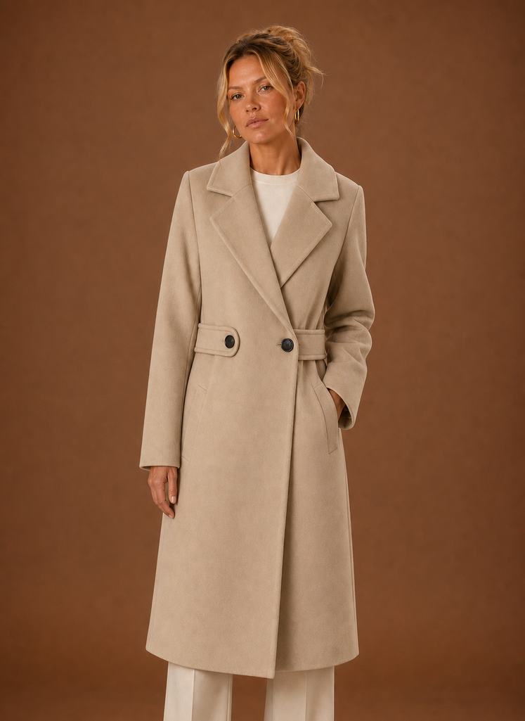 Front view of the Areleon men's mid-long trench coat on a mannequin