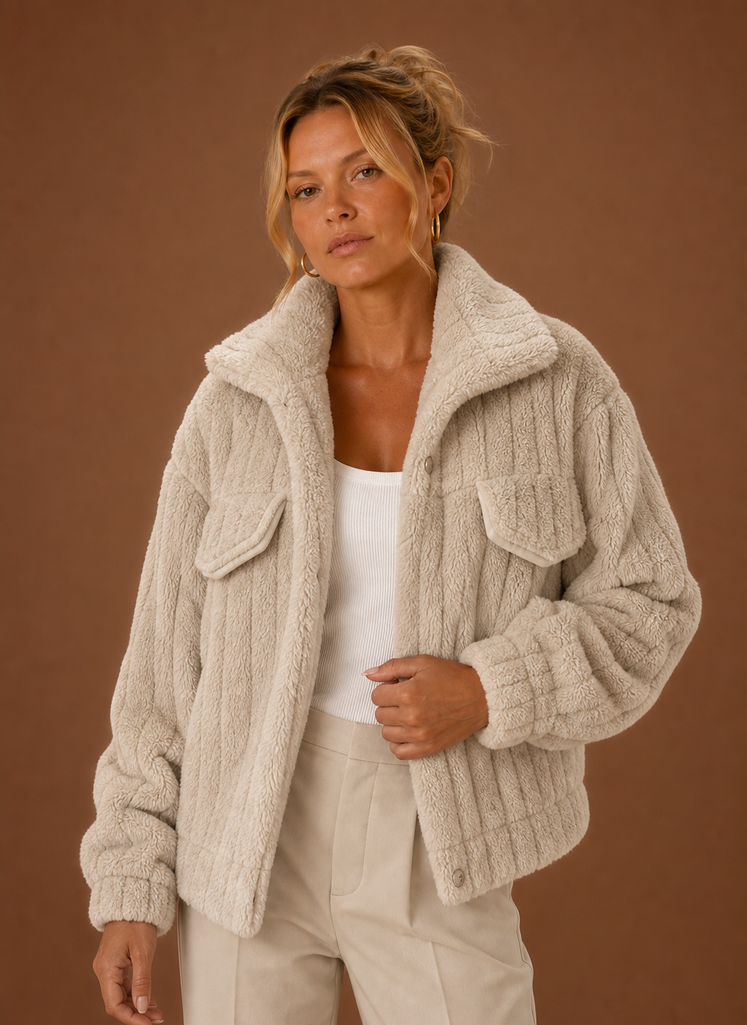 Front view of a women's oversized teddy winter coat on a mannequin with relaxed fit and long sleeves