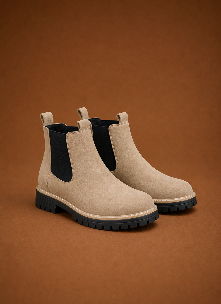 Front view of women's Chelsea boots showing toe and lug sole