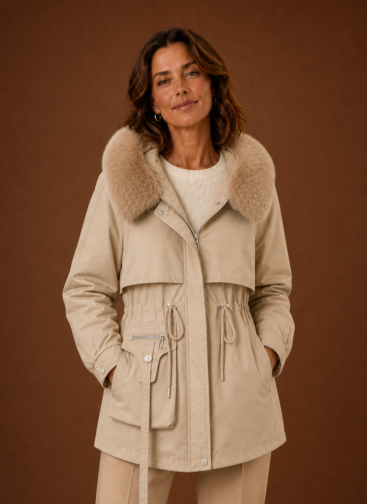 Front view of women's parka jacket with hood trimmed in faux fur