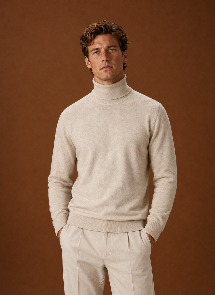 Men's Turtleneck Sweater - Roll Neck Knit Pullover front view