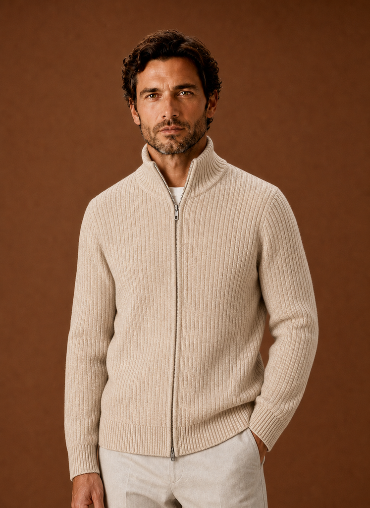 Front view of Areleon men's ribbed full zip sweater with high stand collar
