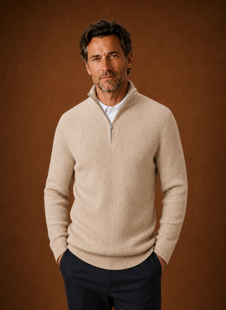 Front view of a men's quarter-zip ribbed sweater on a mannequin showing the high neck and zip closure