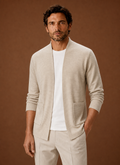 Front view of Areleon men's open-front cardigan on neutral background