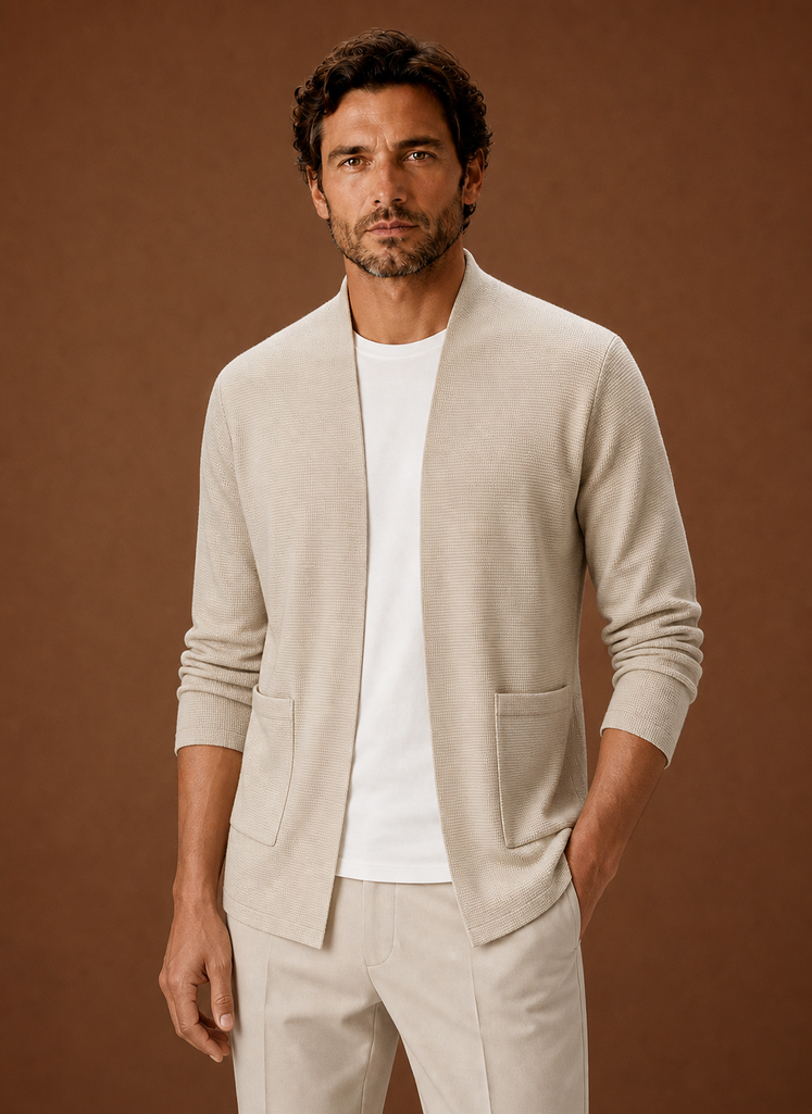 Front view of Areleon men's open-front cardigan on neutral background