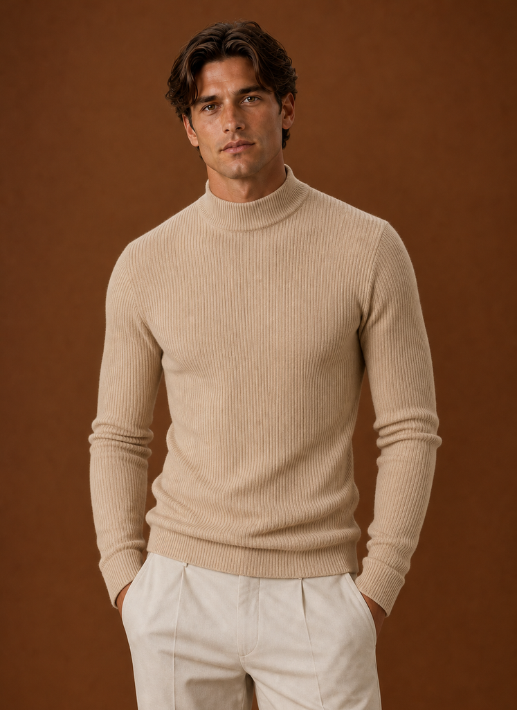 Men's Turtleneck Sweater - Ribbed Roll Neck Knit Pullover front view