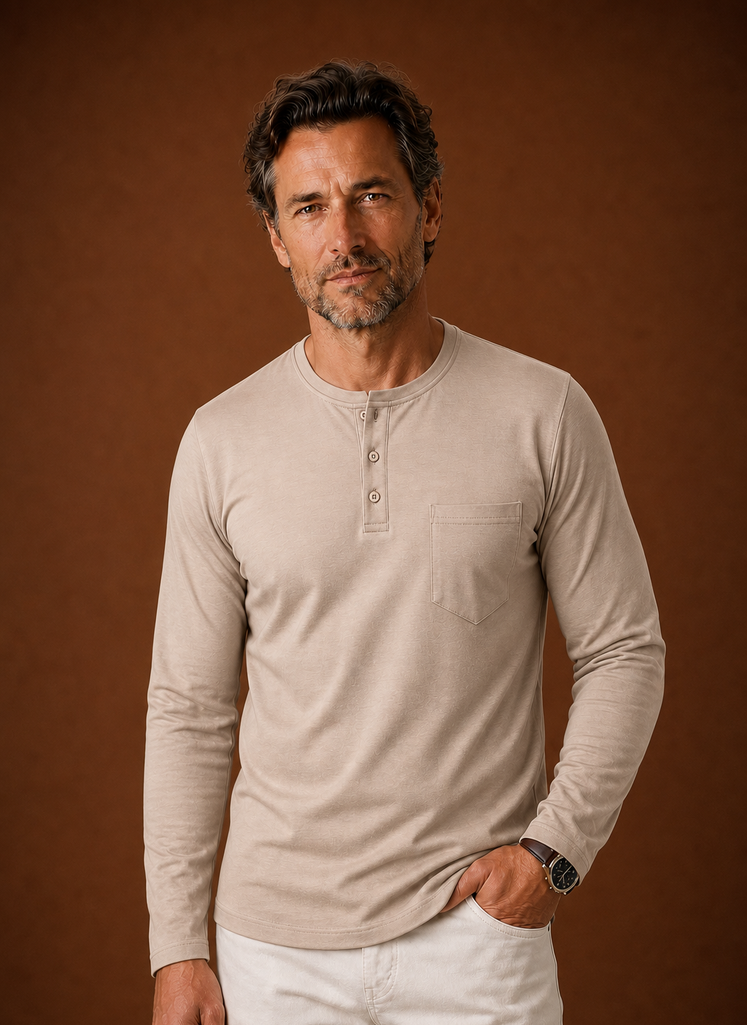 Front view of men's long-sleeve Henley shirt with chest pocket and button placket