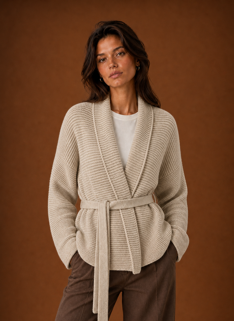 Front view of women's wrap sweater with chunky knit texture and self-tie belt