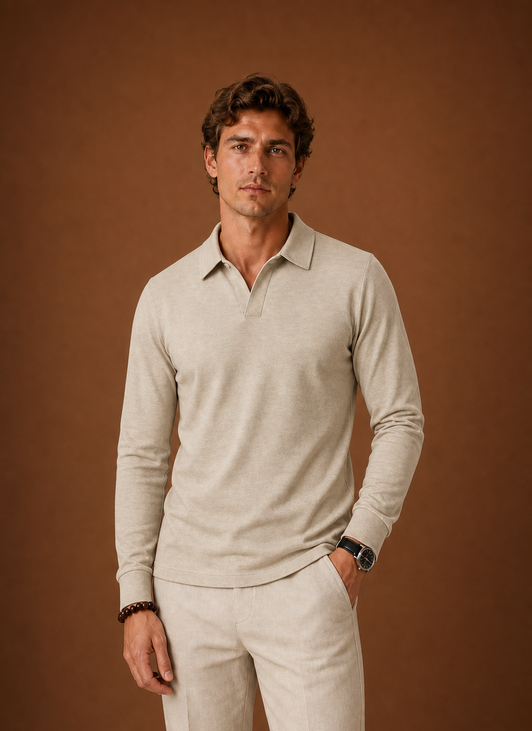 Front view of men's polo shirt showing classic collar and button placket in green