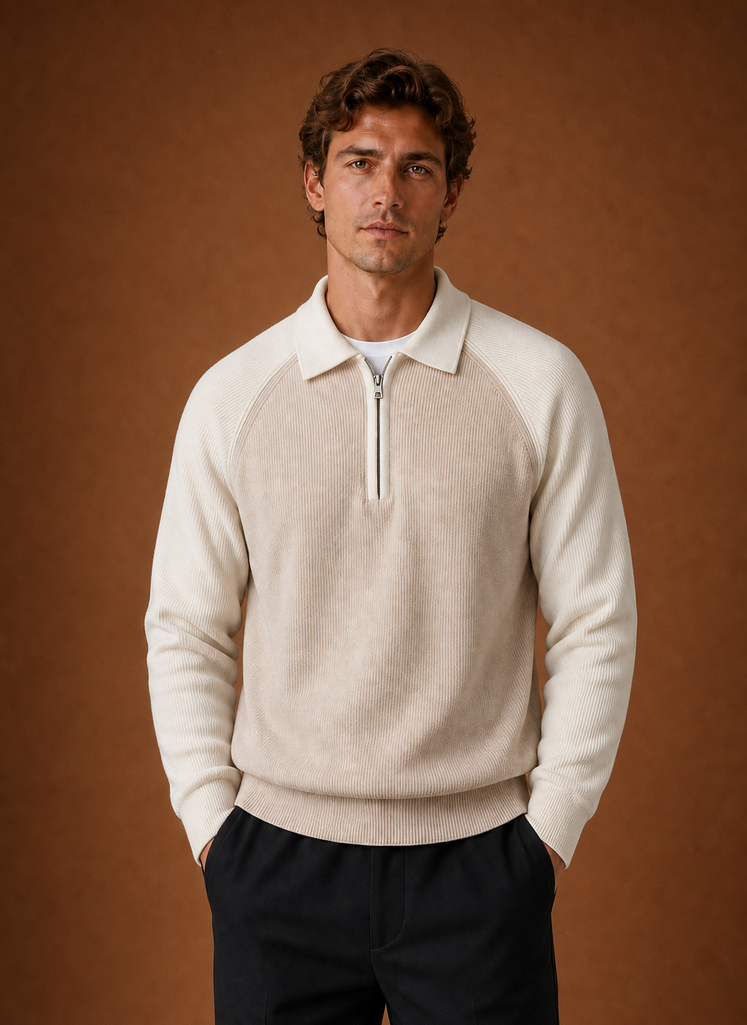 Front view of men's half-zip knit sweater on a mannequin