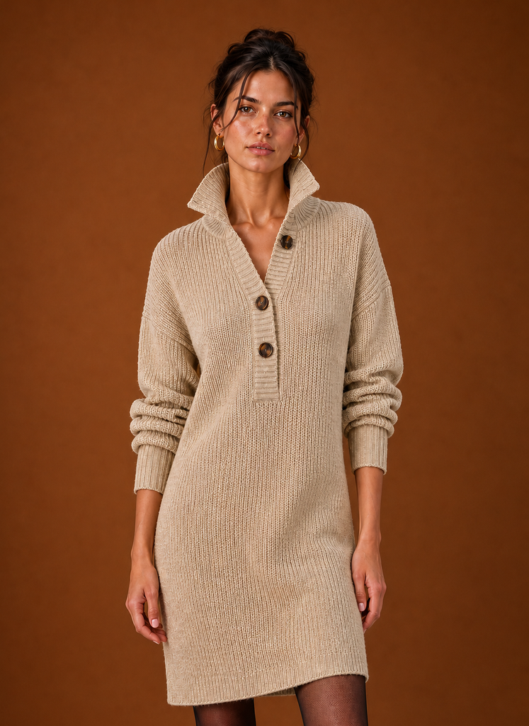 Front view of women's sweater dress showing long-sleeve midi pullover silhouette