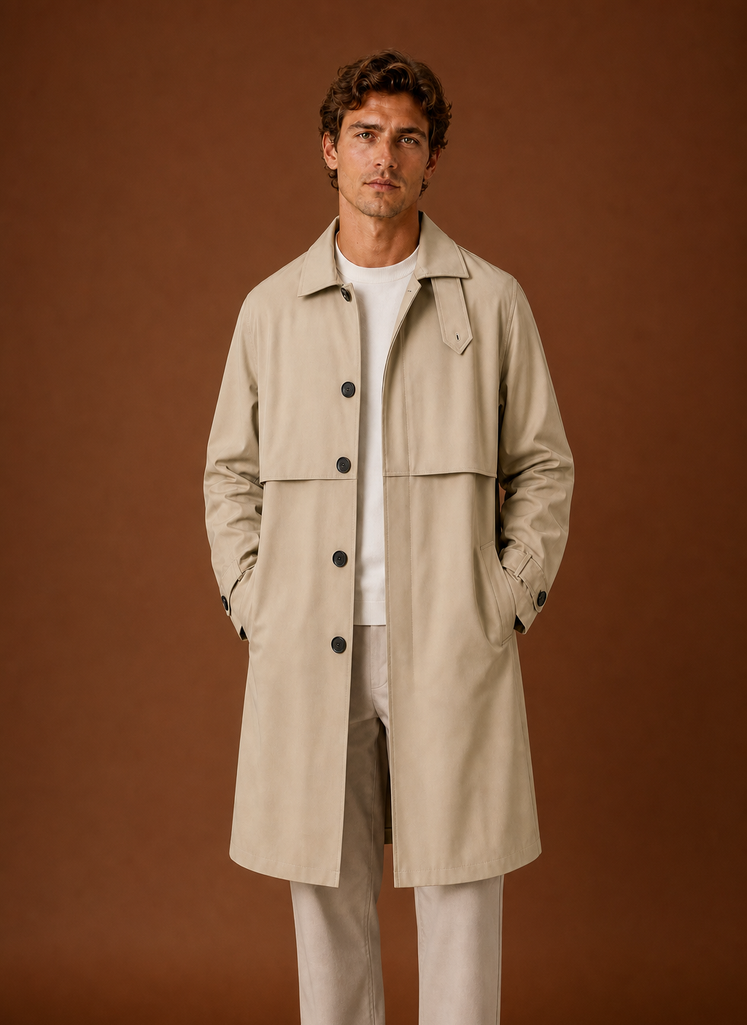 Front view of a men's mid-long trench coat in beige on a mannequin