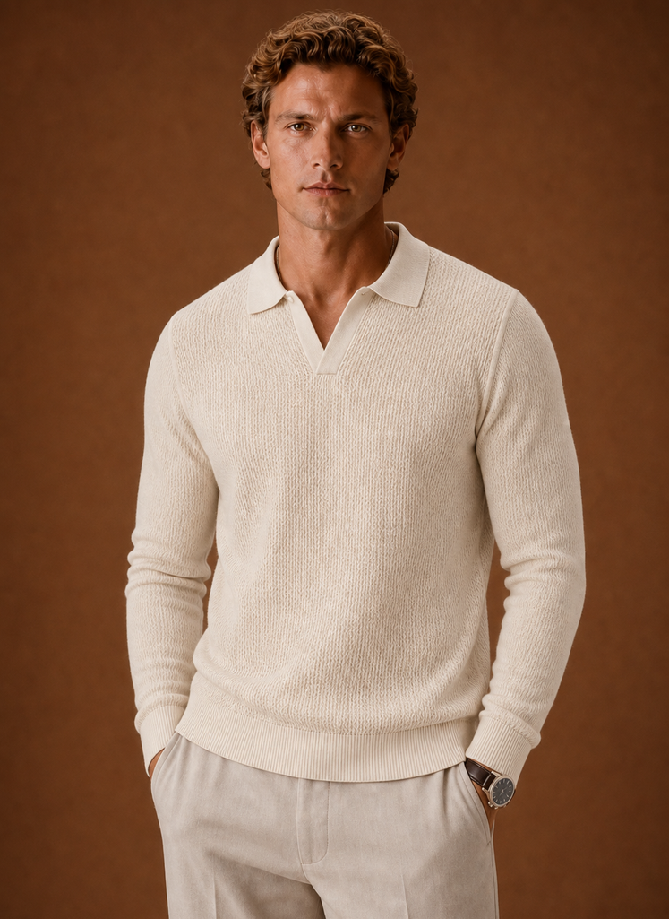 Front view of Areleon men's textured knit polo sweater showing polo collar and button placket