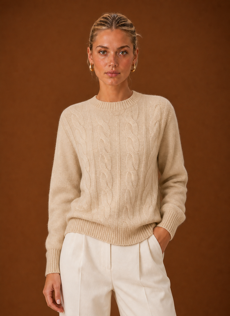 Women's Cable Knit Sweater - Crew Neck Knit Pullover front view