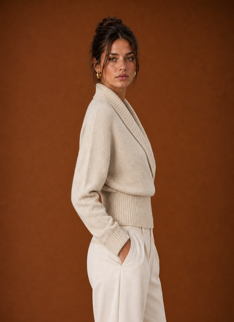 Side view of wrap-front pullover highlighting the overlapping front and silhouette