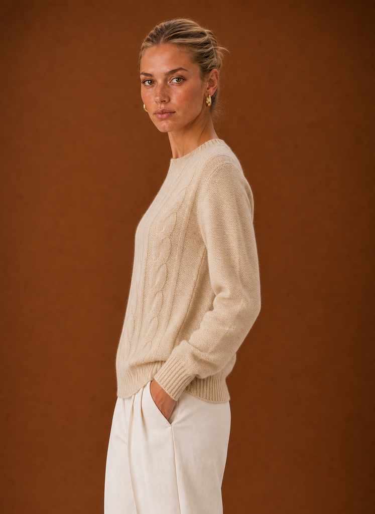 Women's Cable Knit Sweater - Crew Neck Knit Pullover side view