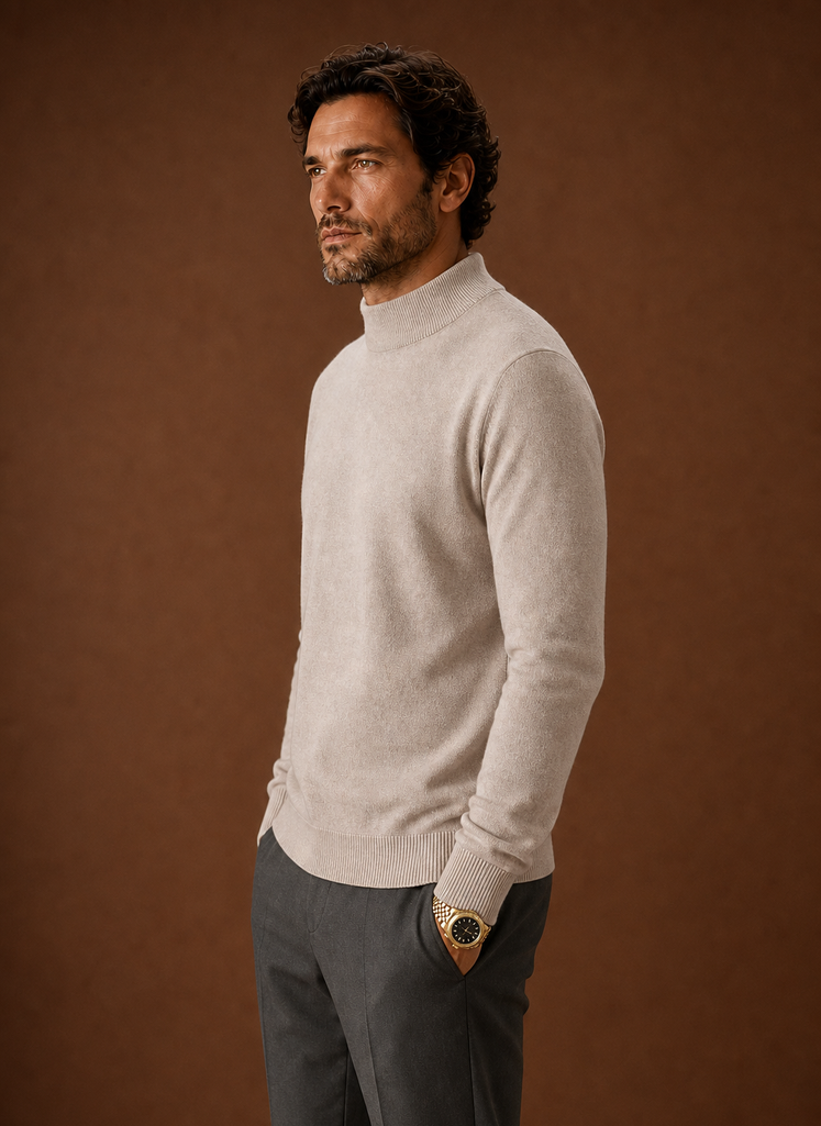 Side view of the mock neck sweater showing the neckline and sleeve silhouette