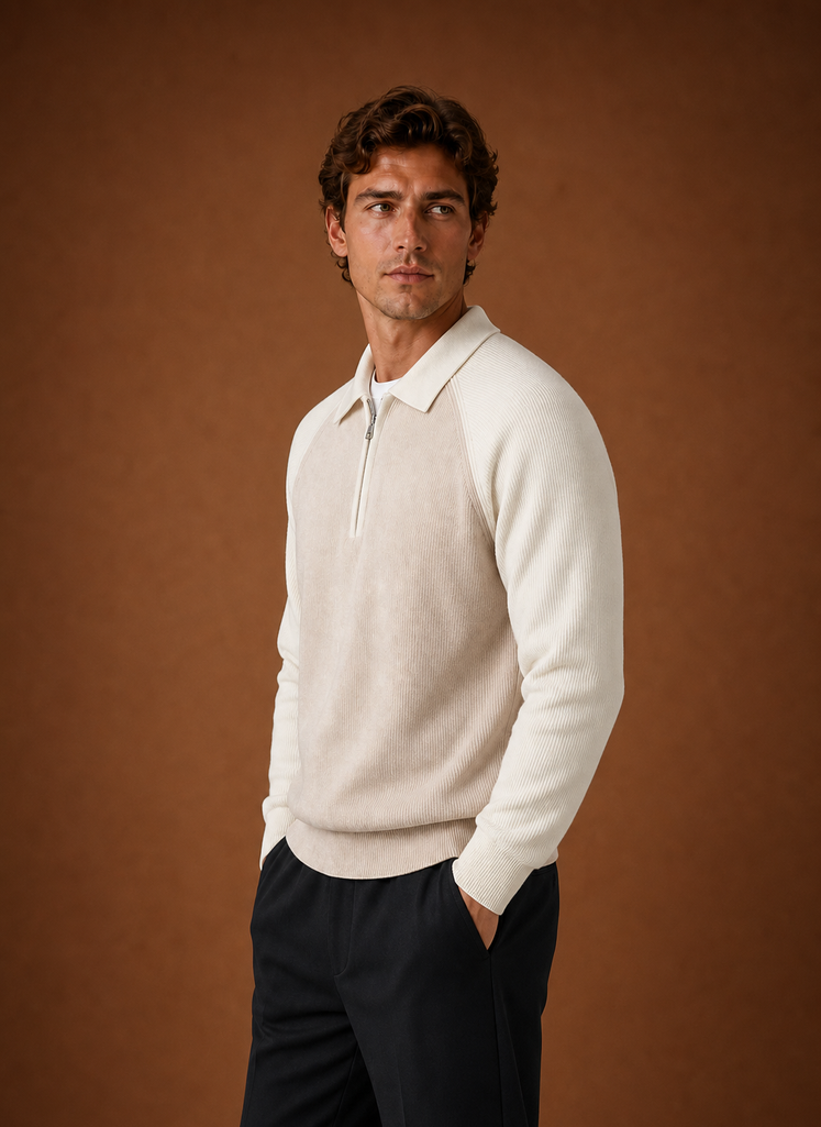 Side profile of men's half-zip knit sweater showing the zip neckline and sleeve fit