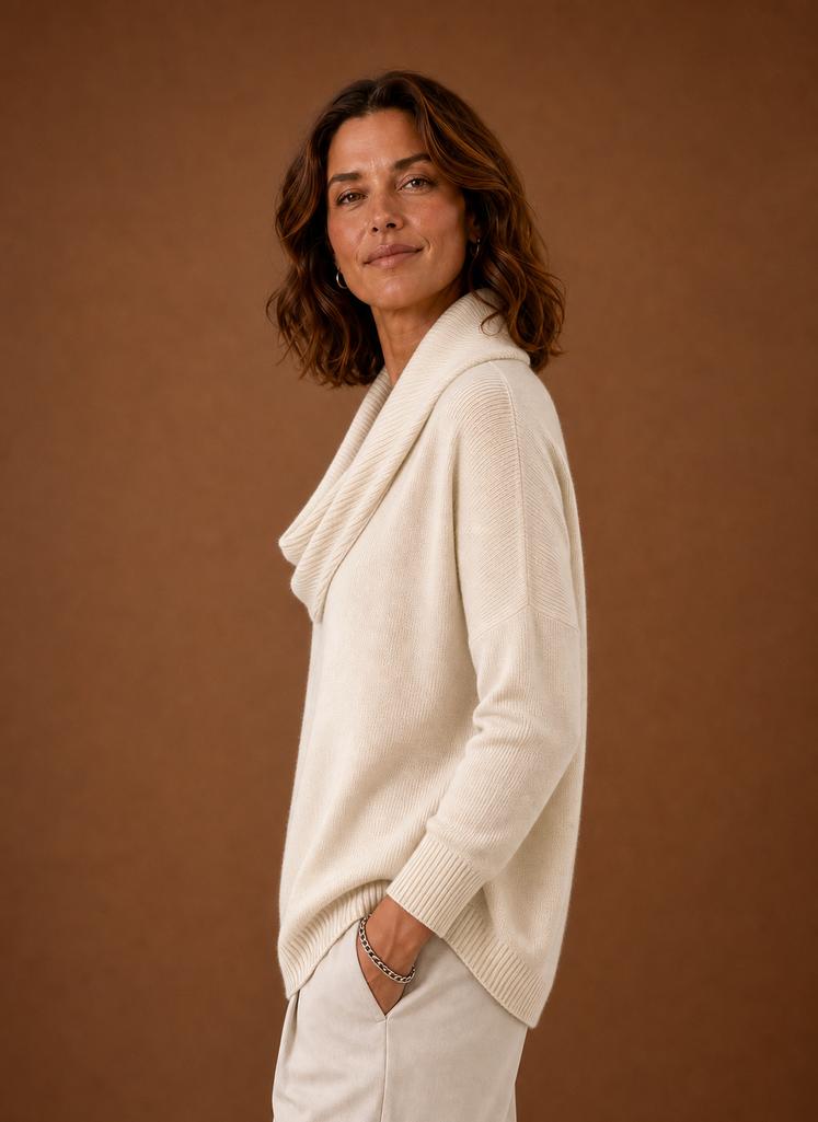 Side profile of Areleon women's cowl neck knit sweater showing draped neckline
