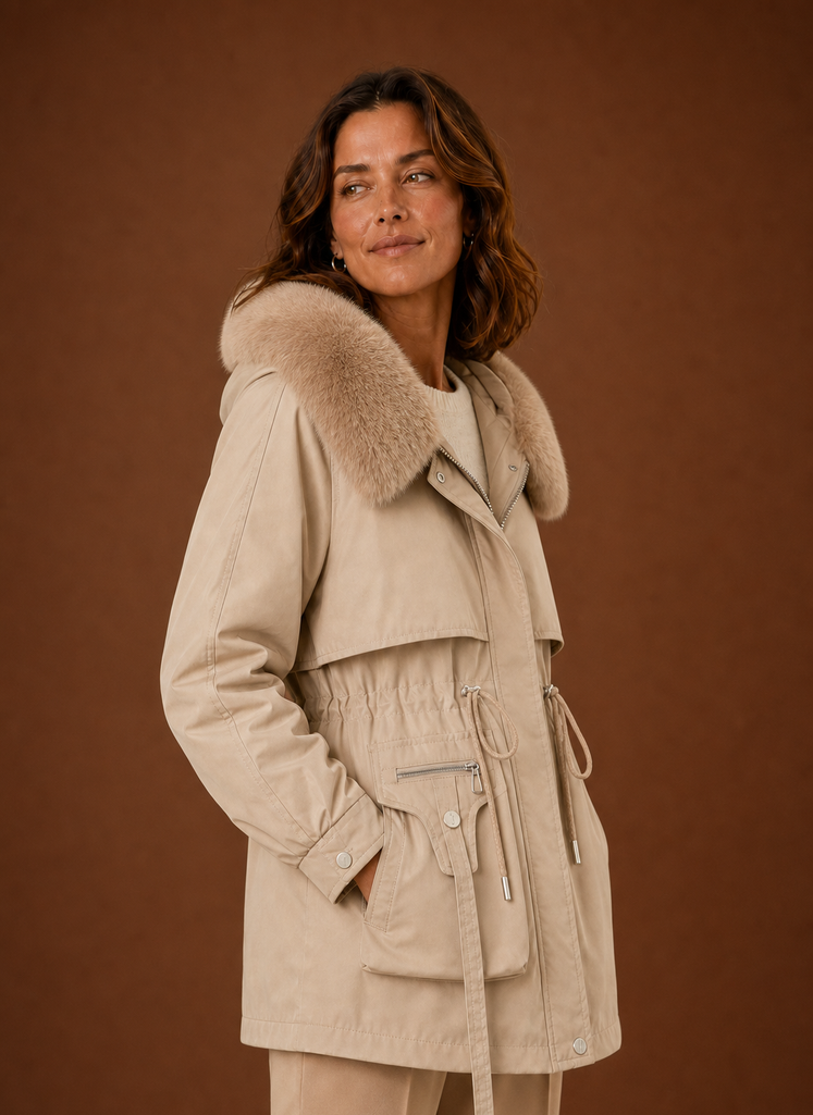Side profile of women's hooded parka showing mid-length silhouette