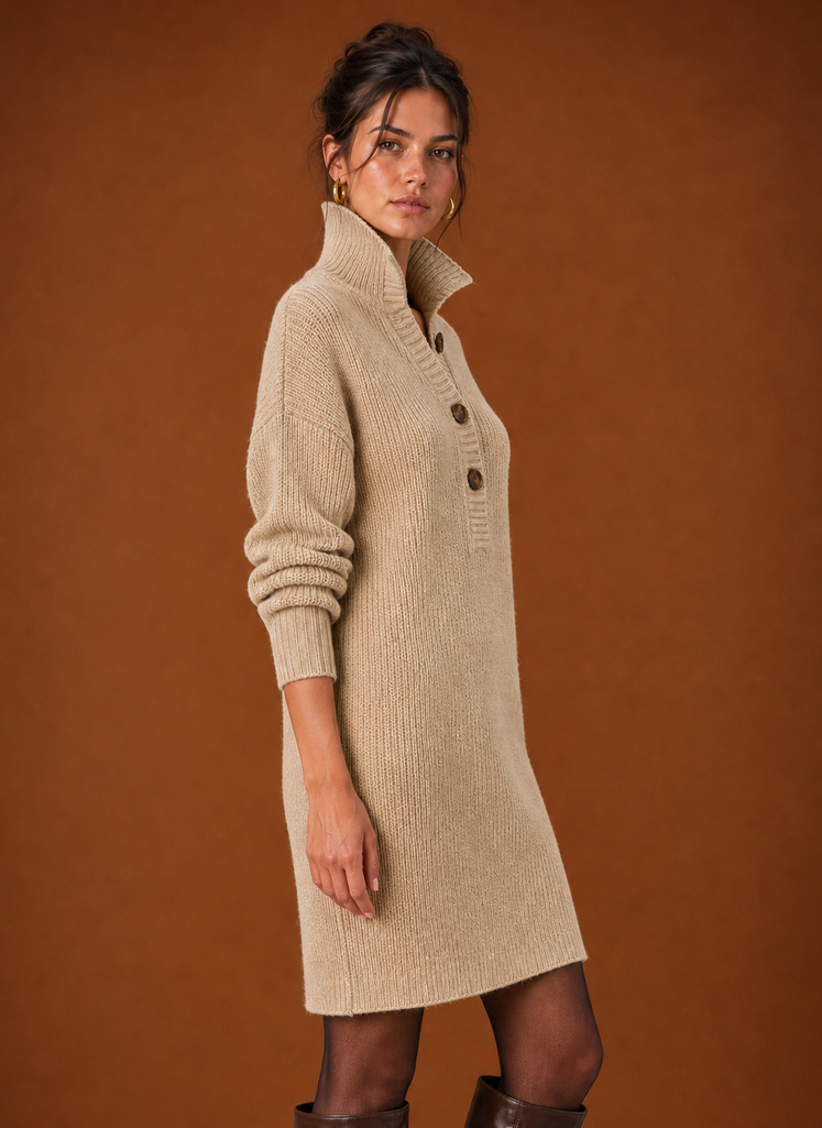 Side view of women's sweater dress showing midi hem and relaxed profile