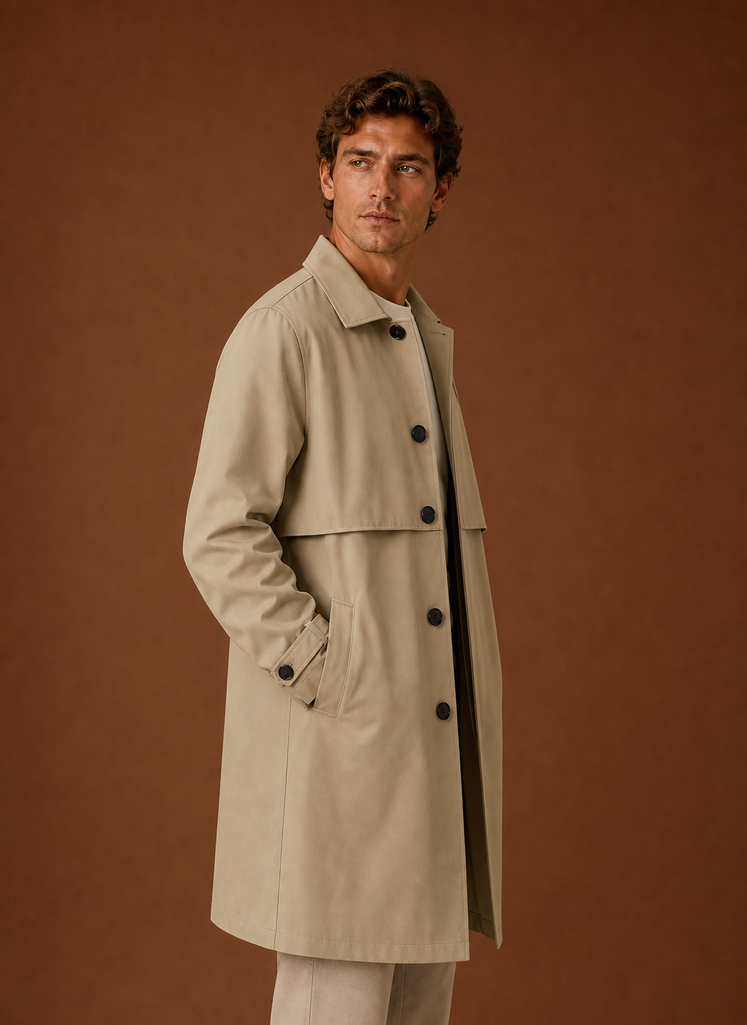 Side view of a black men's mid-long trench coat showing length and drape