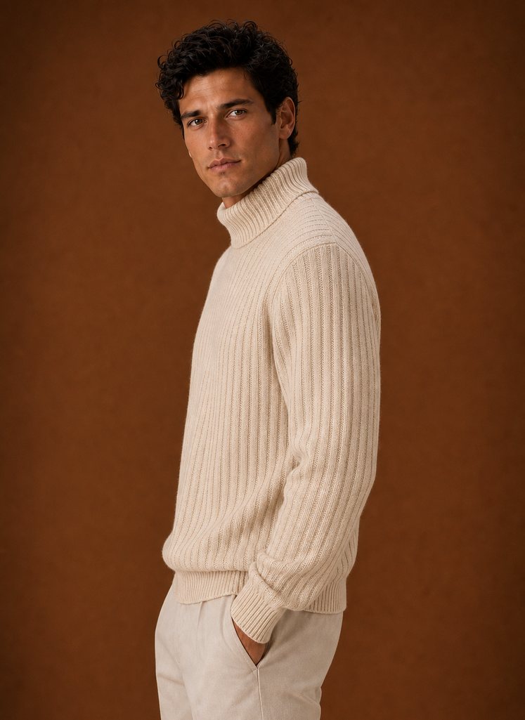 Men's Turtleneck Sweater - Ribbed Roll Neck Knit Pullover side view