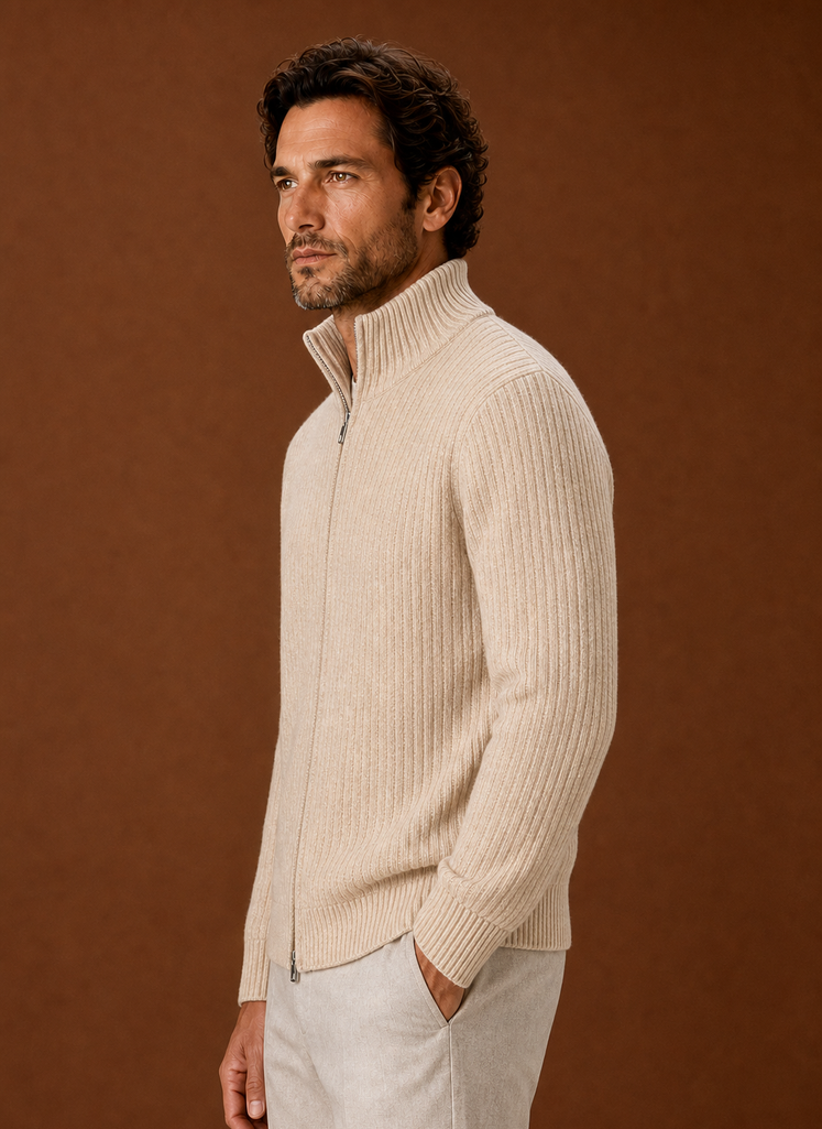 Side profile of Areleon men's ribbed zip sweater showing collar and sleeve silhouette