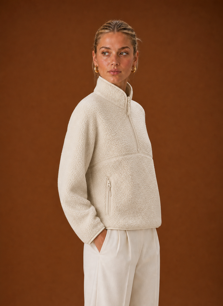 Side profile of the pullover highlighting the silhouette and quarter-zip neckline
