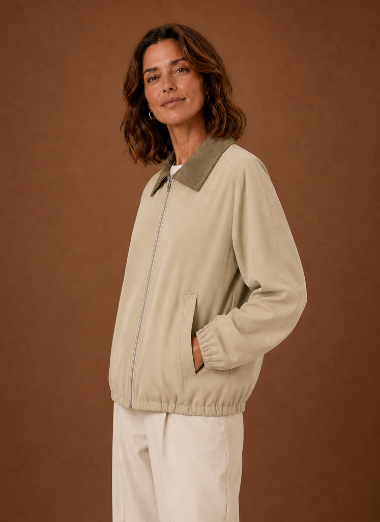 Side profile of Areleon Women's Barn Jacket highlighting relaxed fit and straight hem