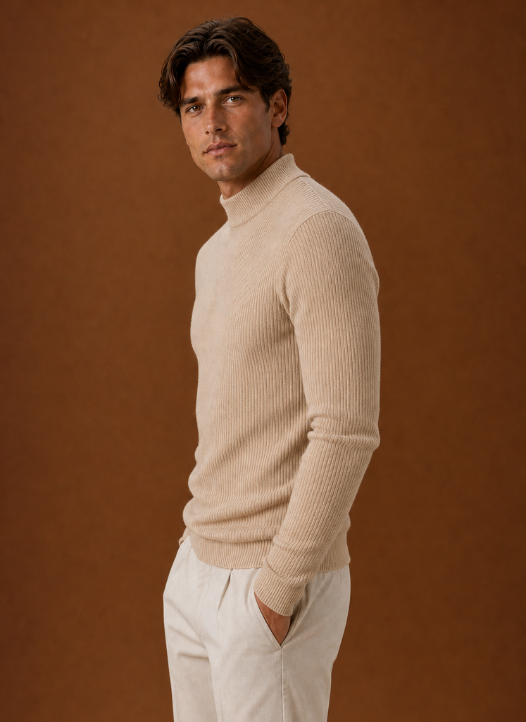 Men's Turtleneck Sweater - Ribbed Roll Neck Knit Pullover side view